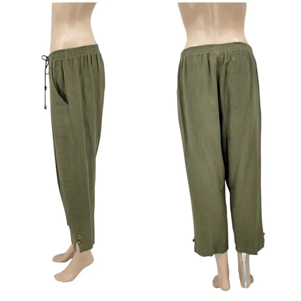 Stonebridge Vintage Green Linen Animal Print Safari Matching Set Blouse Trousers